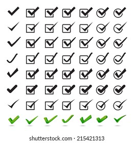 Set of green grossy and black flat check mark, vector illustration