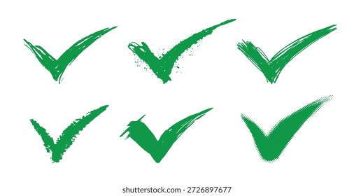 Conjunto de grunge verde Marcas de verificación, tick, sí, voto pincel hecho de símbolos o iconos. De acuerdo con la aprobación del emblema. Trazos audaces dibujados a mano.