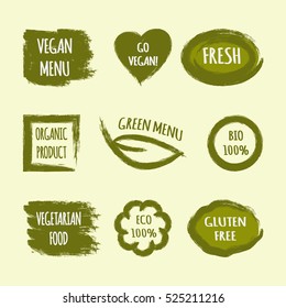 Set of green grunge labels with text Go Vegan, Fresh, Green Menu, Organic Product, BIO 100%, Vegetarian Food, ECO, Gluten Free. Heart, circle, leaf, square frame, brush stroke.