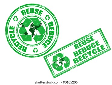 Set of green grunge rubber stamp with the words reuse, reduce and recycle written inside the stamp