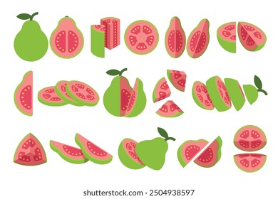 Set of green Guava, Farm fresh Guava product emblem for grocery shop, Slides, long and cross sections, and different positions, simple flat vector illustration of vegetables and fruits.