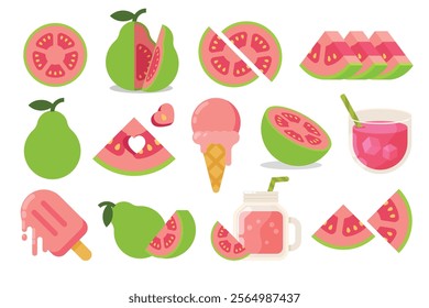 Set of green Guava, Farm fresh Guava product emblem for grocery shop, collection of ice cream, Juice jar, glass of juice, ice cream cone and stick, simple flat vector illustration of fruits.