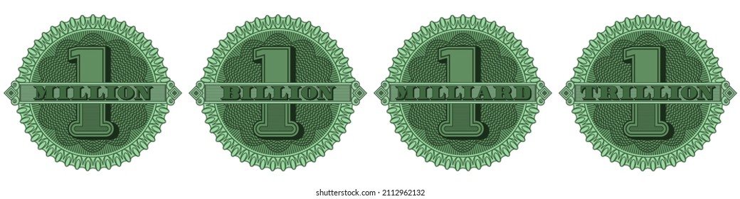 Set Of Green Guilloche Stickers Or Badges, Denominations Of One Million, Billion And Trillion. Icons Indicating The Number Of Subscribers, Followers