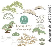 Set of green hand drawn branch of bonsai tree with Japanese pattern vector. Oriental pine tree decoration with logo design, flyer or presentation in vintage style.