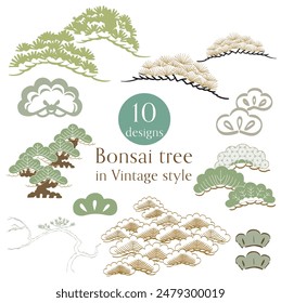 Set of green hand drawn branch of bonsai tree with Japanese pattern vector. Oriental pine tree decoration with logo design, flyer or presentation in vintage style.