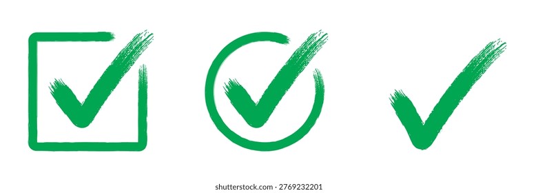 Set of green hand drawn brush stroke check marks and tick icons