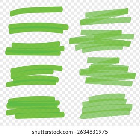 Set of green hand drawn highlighter design elements, marks, stripes and strokes. Can be used for text highlighting, marking or coloring in your designs. Optimized for one click color changes.