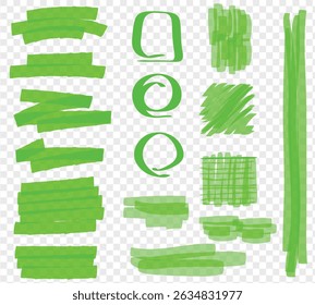Set of green hand drawn highlighter design elements, marks, stripes and strokes. Can be used for text highlighting, marking or coloring in your designs. Optimized for one click color changes.
