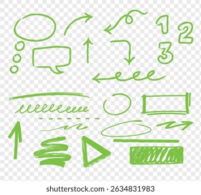 Set of green hand drawn highlighter design elements, marks, stripes and strokes. Can be used for text highlighting, marking or coloring in your designs. Optimized for one click color changes.