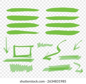 Set of green hand drawn highlighter design elements, marks, stripes and strokes. Can be used for text highlighting, marking or coloring in your designs. Optimized for one click color changes.