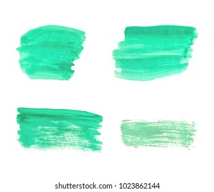 Set of green hand paint, rectangle stripes, ink brush strokes, brushes, lines isolated on white background
