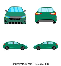 set of green hatchback car on white background