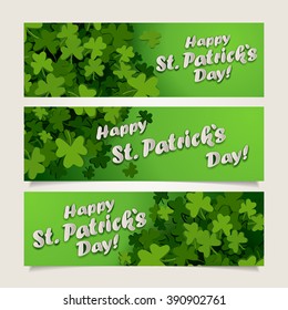 Set of green headers with clover leaves and banners for St. Patrick's Day, vector illustration