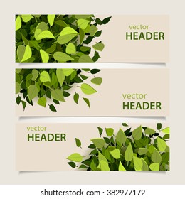 Set of green headers with leaves and banners, vector illustration