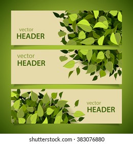 Set of green headers with leaves and banners, vector illustration