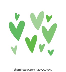 Conjunto de corazones verdes de diferentes tamaños aislados sobre fondo blanco. Ilustraciones dibujadas a mano por vectores en forma de doodle plano. Concepto de amor, ecología, naturaleza amigable, planeta, día de San Valentín, felicidad.