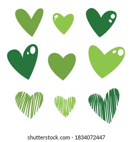 Set of green hearts. Hand-drawn, cute, festive. Suitable for St. Patrick's day.