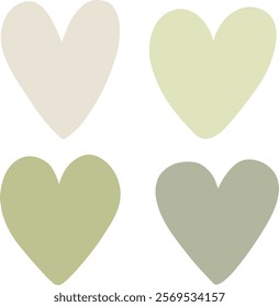 Set of green hearts vector illustration, simple vector object design icon for Valentine's Day, Wedding, love, pride month, romance, equality, celebration of each gender. Vector isolated on white.