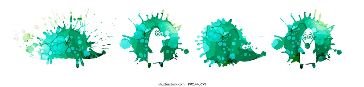 Set of green hedgehogs. A multicolored abstract hedgehog. Vector illustration