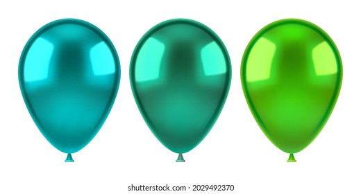Set of green helium balloons. 3D realistic vector illustration, isolated on white background.
