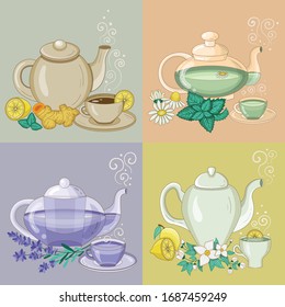 Conjunto de té de hierbas verdes en tazas, cerámica y teteras de vidrio. Bebida orgánica fresca a partir de hierbas, manzanilla, jazmín y flores de lavanda, hojas de menta y raíces de jengibre. Bebidas calientes saludables con limón.