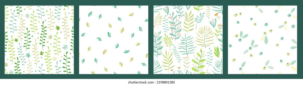 Set of green herbs seamless pattern. Leaves, wildflowers and berries. Vector illustration with different plants and branches on white background