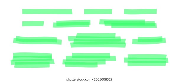 Conjunto de líneas de marcador de resaltado verde. Diferentes subrayados transparentes de pluma o pincel dibujados a mano para texto importante o selección de énfasis aislado sobre fondo blanco. Vector ilustración realista.