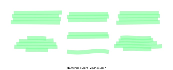 Conjunto de linhas de marcador de realce verdes. Vários sublinhados transparentes de caneta ou pincel com desenho livre para seleção de texto ou ênfase importante isolados no plano de fundo branco. Ilustração realista de vetor.