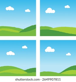 Conjunto de Green Hills paisagem fundos ilustração de vetor plana com céu azul e nuvens para a natureza cena e design gráfico