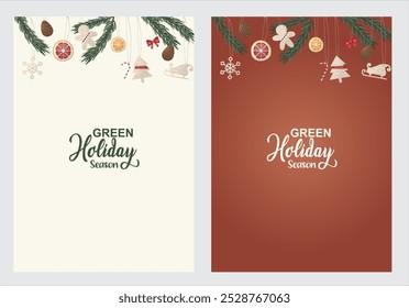 Conjunto de carteles de temporada de vacaciones verdes. Afiche de la temporada de vacaciones verdes sostenibles. Diseño ecológico de la tarjeta Festiva con decoraciones. Elementos naturales y sostenibilidad. Ilustración verde de la Navidad. 