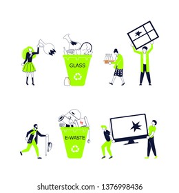 Set of green horizontal banners template for garbage recycling. Zero waste concept poster. People sorting waste rubbish and containers images. Flat Art Vector illustration
