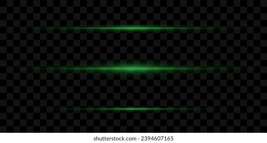 Set of green horizontal glowing rays and glare of light, neon line on a black background. Vector illustration