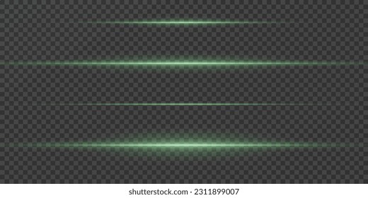 Set of green horizontal highlights. Laser beams, horizontal light beams. Beautiful light flashes. Glowing stripes on a transparent background.