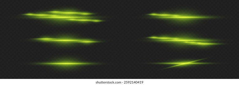 Set of green horizontal highlights. Laser neon lines of light.