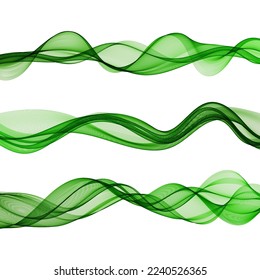 Set of green horizontal transparent waves on a white background