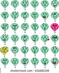 Set of a green hot air balloon character emojis; Cheerful, sad, angry, content ... and many more expressions.
