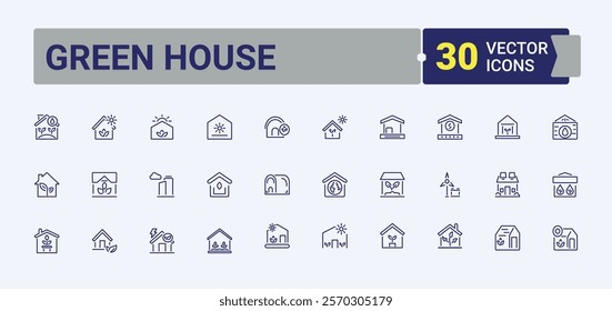 Set of Green House line icons. Featuring bulb, environmental, global, technology, waste, fuel and more. Thin linear style icons. Vector icons editable stroke.