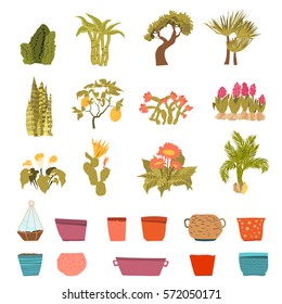 Set of green house plants with pots with Leaf and flowers in cartoon style. Flowerpot isolated objects for creation unique houseplants collection