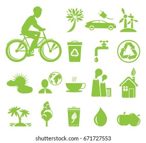 Set of green icons in clean environment concept. Vector Illustration of man riding on bike, wind mills, electro cars, organic plants