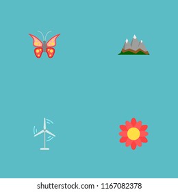 Set of green icons flat style symbols with butterfly, flower, energy windmill and other icons for your web mobile app logo design.