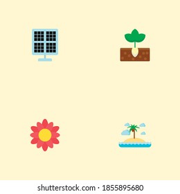 Conjunto de iconos verdes símbolos de estilo plano con iconos de planta, isla, panel solar para el diseño del logo de tu aplicación móvil web.