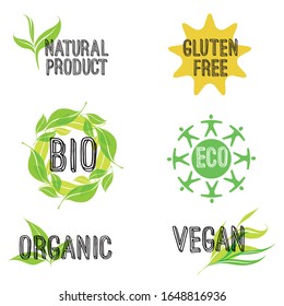 Set of green icons, logotypes for vegan, vegetarian, plant based products