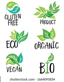 Set of green icons, logotypes for vegan, vegetarian, plant based products. Packaging signs