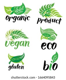 Conjunto de íconos verdes, lotipos para productos vegetarianos, vegetarianos y vegetales. Signos de embalaje