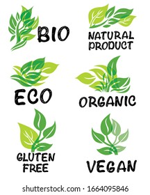Set of green icons, logotypes for vegan, vegetarian, plant based products. Packaging signs