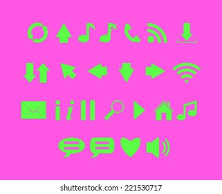 set of green icons on pink background vector