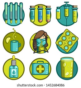 Set of green icons on the topic of health. Thermometers, test tubes, syringe, medicine bottle, a girl in a scarf with a hot drink, tablets, a bottle with drops, a first aid kit