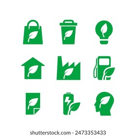 Set Of Green Icons Representing Ecological And Environmental Concepts Like Recycling, Sustainable Energy, Eco-friendly