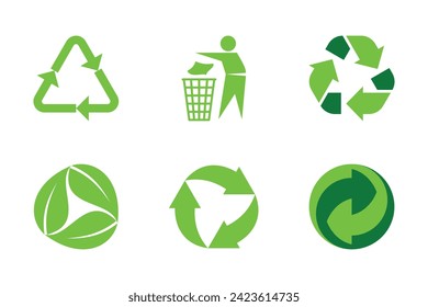 A set of green icons and signs for garbage disposal, recycling, and product or product information.