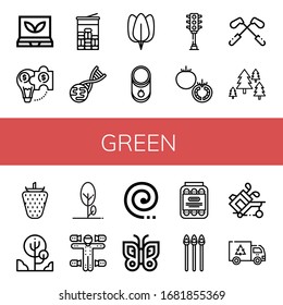 Set of green icons. Such as Smart greenhouse, Hybrid solution, Mint, Gmo, Spinach, Tomato, Traffic light, Golf, Forest, Strawberry, Tree, Motion capture, Mosquito coil , green icons
